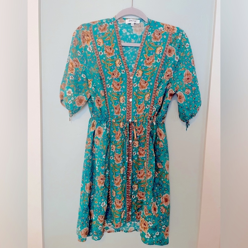 Floral Teal Dress with Button Detail